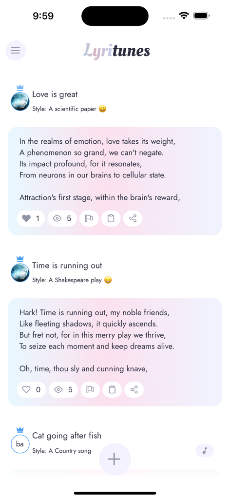 LyriTunes - Lyrics Generator - LyriTunes 앱 내에서 다양한 스타일의 AI 생성 가사 목록