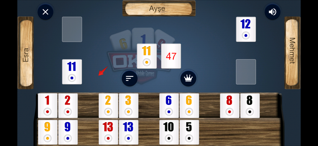 In-game screenshot of Okey Internetsiz showing colored tiles on a digital rack against a blue background.