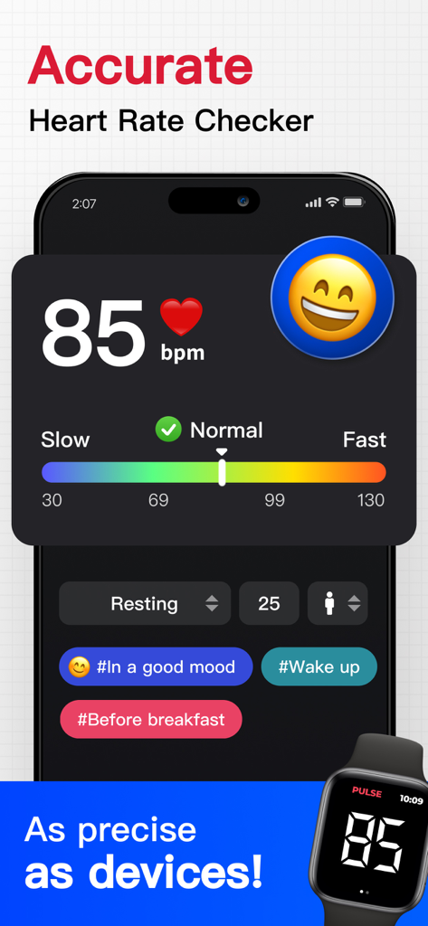 Heart Rate Monitor · Pulse App - Smartphone app screen showing a heart rate measurement of 85 bpm classified as normal with a color coded scale