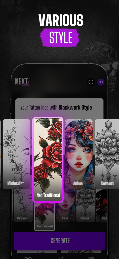 Next Ink: AI Tattoo Design - A screen from the Next Ink app displaying various tattoo styles including Minimalist Neo Traditional and Anime