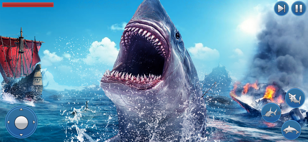 Survival Underwater Shark Game - A great white shark jumping from the ocean with open jaws next to a burning ship in a mobile action game