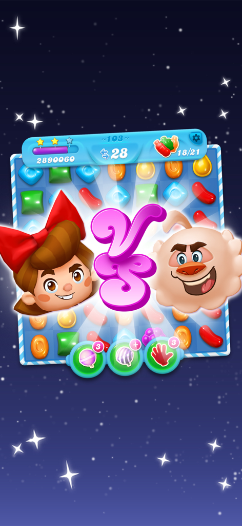Candy Crush Soda Saga - Candy Crush Soda Saga characters Kimmy and Yeti facing off in a VS competition mode over a match-3 puzzle board.