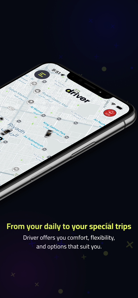 DRV-Driver - Smartphone displaying the DRV-Driver app map with available cars and ride options
