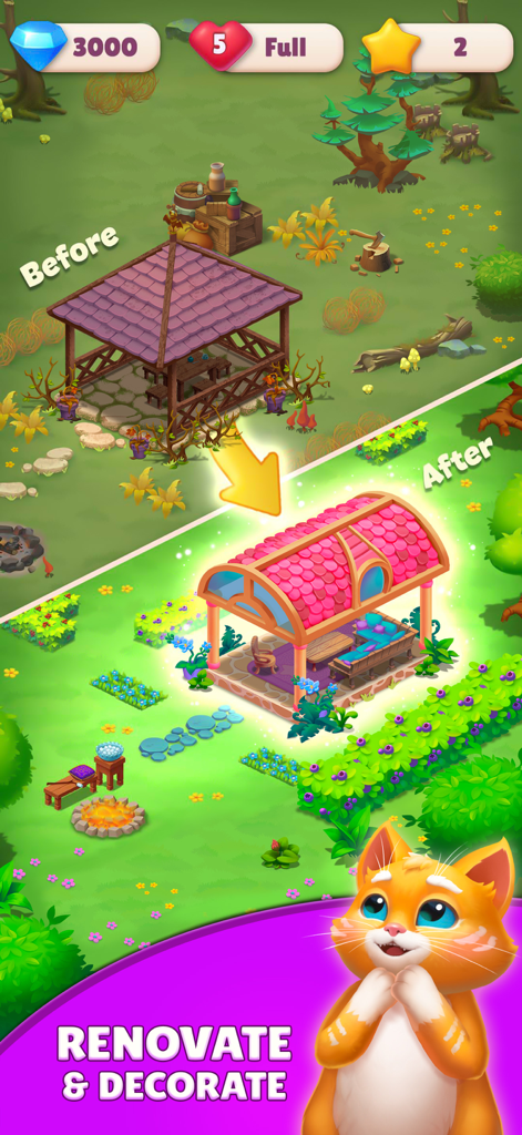 Tile Yard: Matching Game - Before and after comparison of a garden renovation with a pink gazebo and a cute cat in Tile Yard