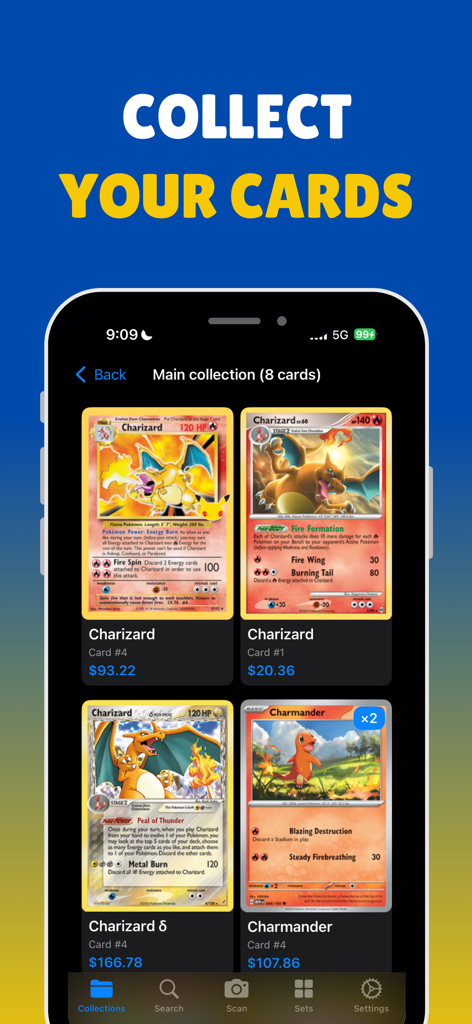 TCG - Card Scanner for Pokémon - Interface of a Pokémon card scanner app showing a collection of Charizard cards with their current market values.