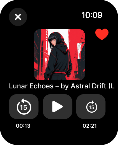 Cloudsy for SoundCloud - Now playing screen of Cloudsy for SoundCloud on Apple Watch featuring music controls and track info