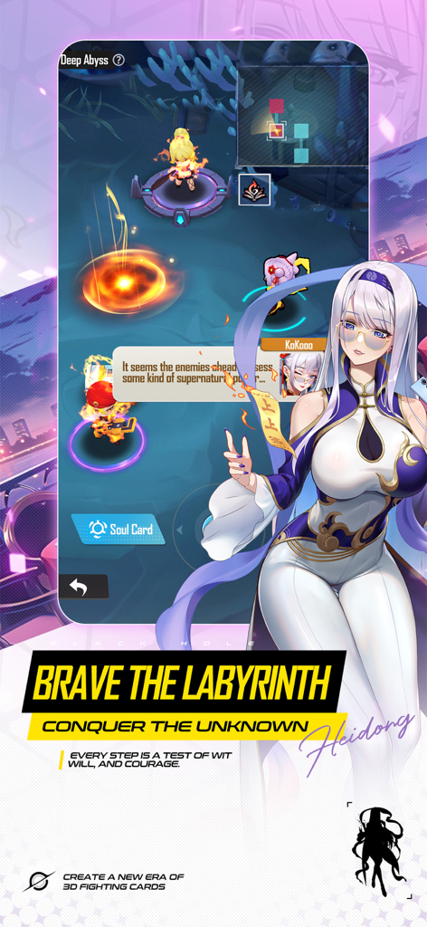 Mobile Goddess: Epic 3D Battle - Personaje de diosa estilo anime y jugabilidad de exploración de mazmorras 3D con el texto Aventúrate en el Laberinto.