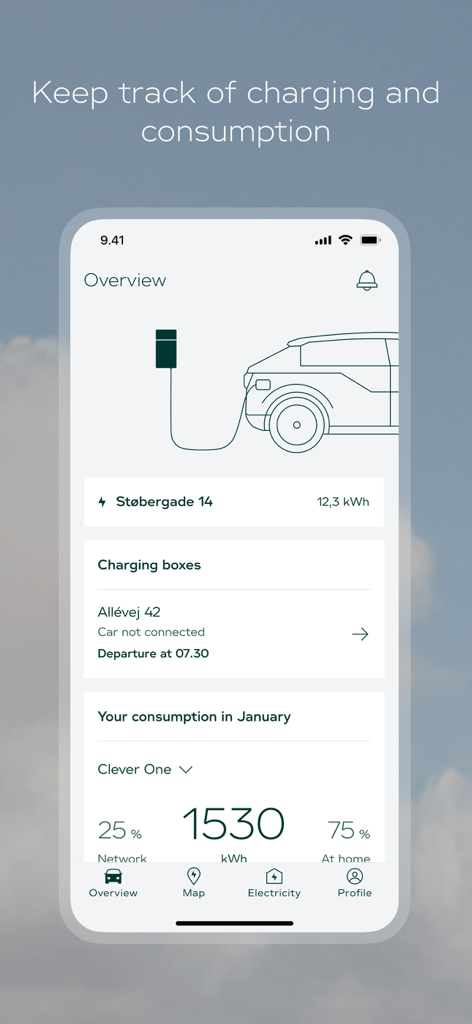 Dashboard dell'app Clever che mostra le sessioni di ricarica dei veicoli elettrici e le statistiche sul consumo energetico