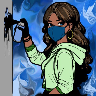 realistic girl with mask spray painting a wall