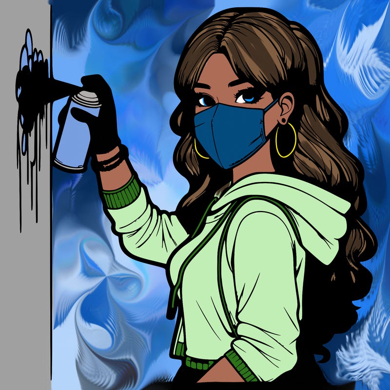 realistic girl with mask spray painting a wall