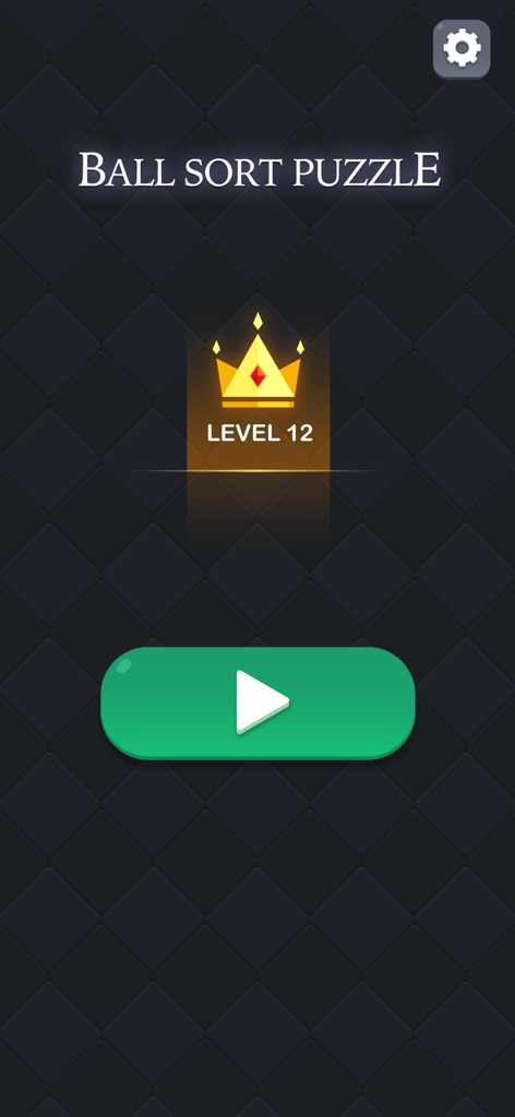 The start screen of the Ball Sort Puzzle game showing level 12 and a green play button.