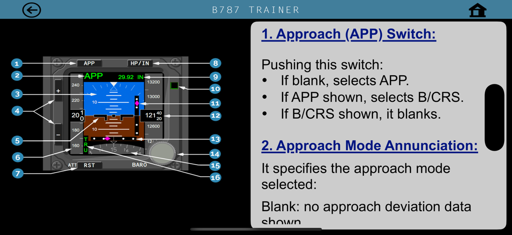 B787 Cockpit Pilot Trainer - Educational diagram of a B787 cockpit instrument explaining the approach switch and mode annunciation