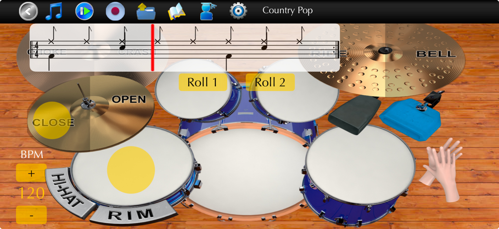 Virtual drum kit interface with music notation tabs and interactive drum components.