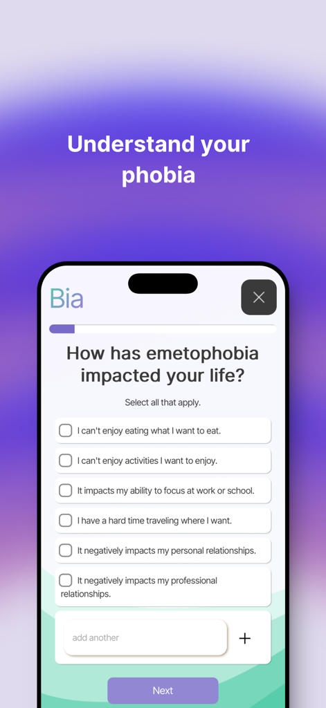 Bia - A questionnaire screen in the Bia app asking how emetophobia impacts the user's life with several checkbox options.
