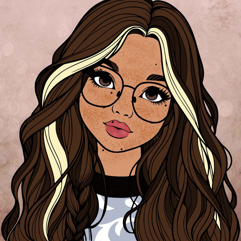 girl with long hair and freckles and glasses realistic