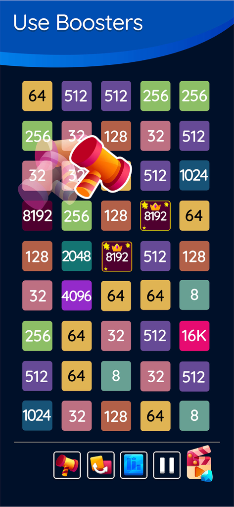 Gameplay screenshot of 2248 number puzzle showing a hammer booster being used on a grid of numbered tiles