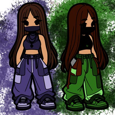 girl in baggy pants crop top and long hair