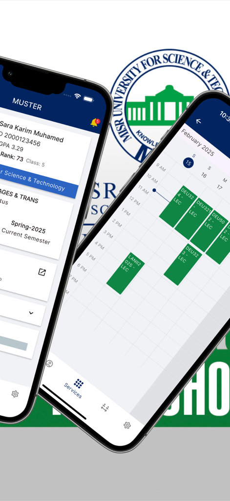 MUSTER | MUST University - MUSTER university app displaying student profile details and a weekly class schedule calendar.