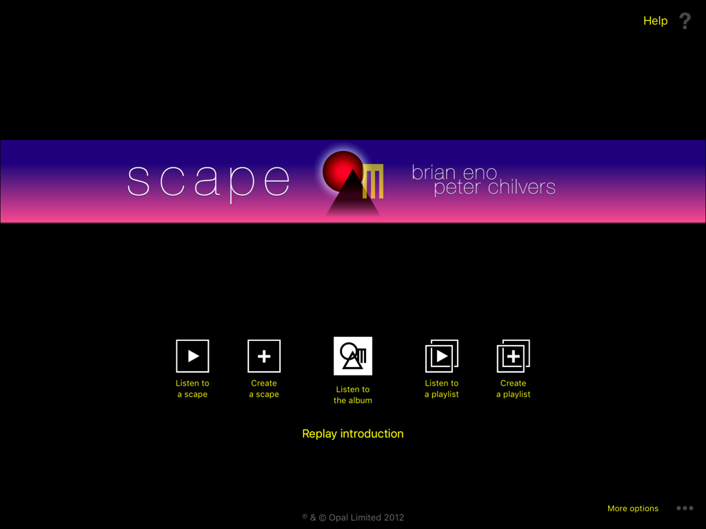 Scape - Scapeアプリのメインメニュー、ジェネレーティブミュージックの再生と作成オプションが表示されています