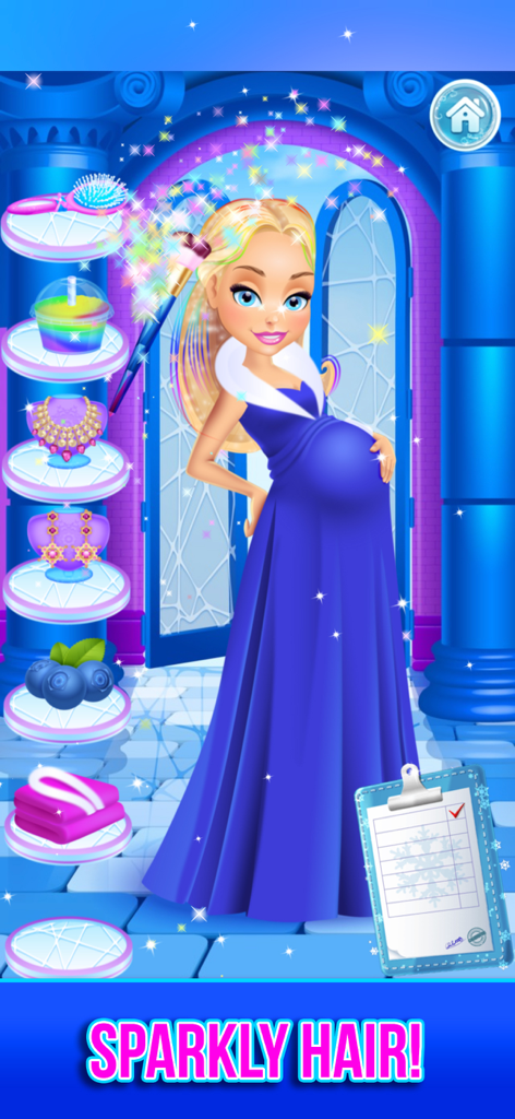Ice Queen Mommy character with sparkly hair in a makeover salon level.