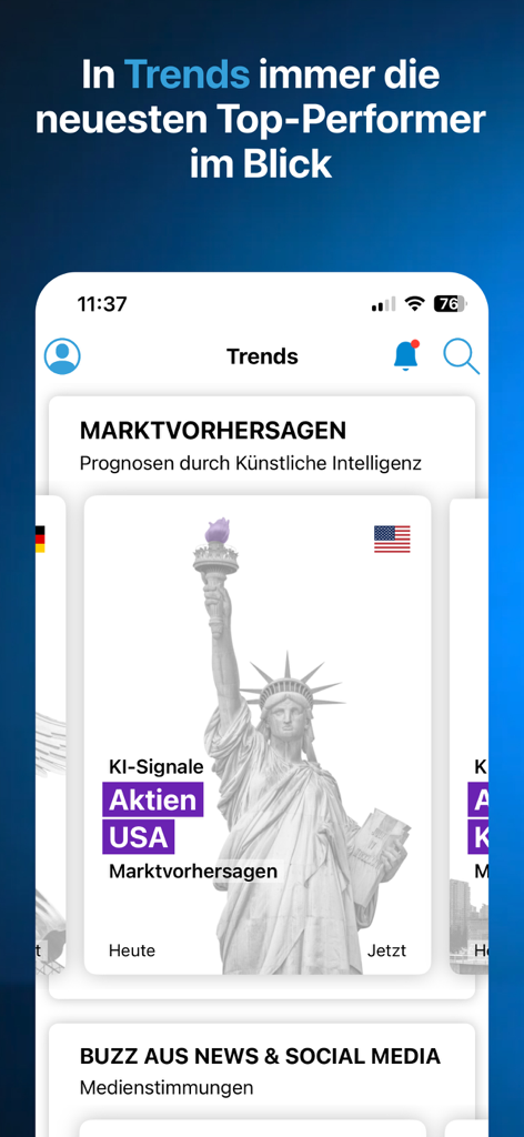 Finanzen100 - Börse & Aktien - Trends screen of Finanzen100 app featuring AI market predictions for US stocks