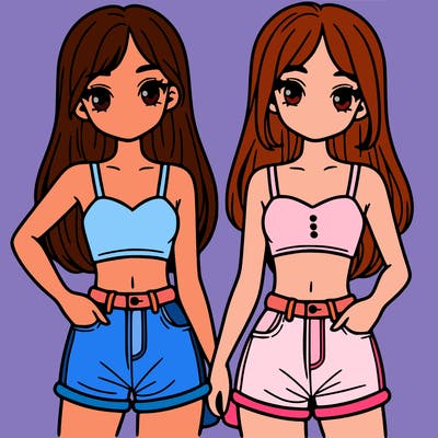 two sisters with crop tops and jean shorts and straight hair