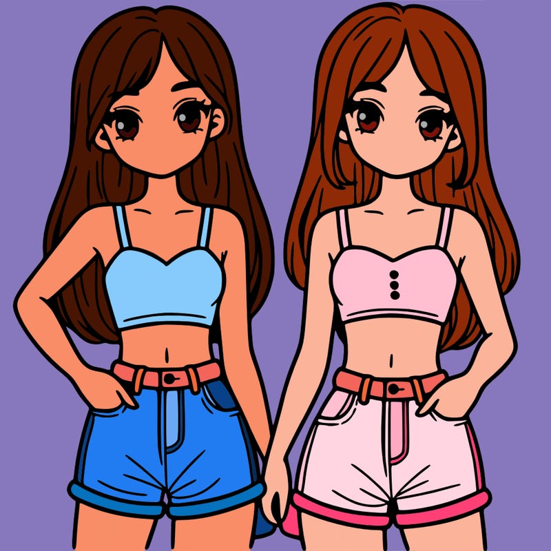 two sisters with crop tops and jean shorts and straight hair