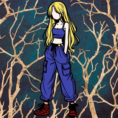 girl in baggy pants crop top and long hair