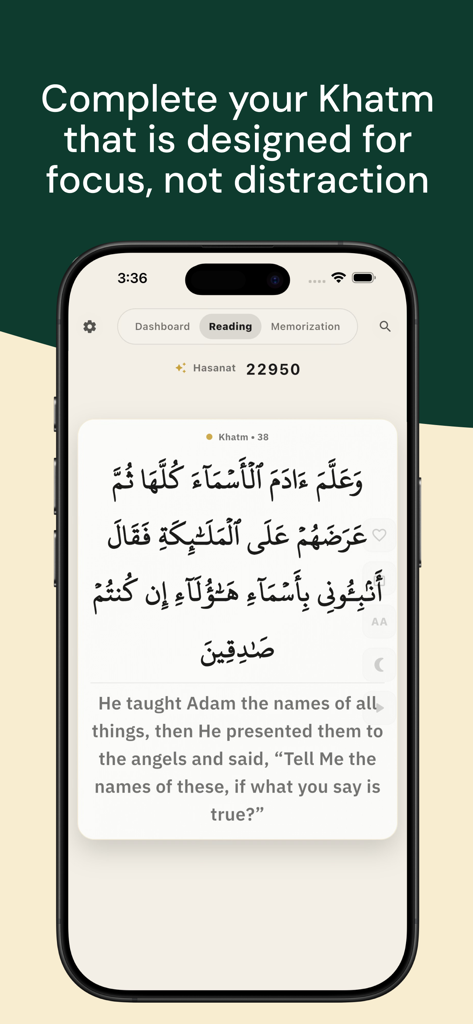 Iqraa app reading screen showing Arabic scripture and English translation with a minimalist design