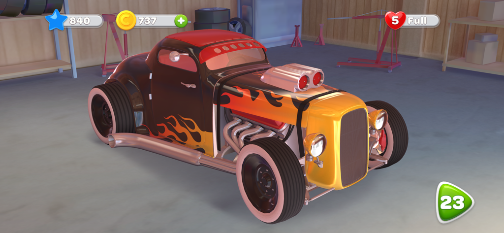 Car Mechanic - Restore Cars - A restored black hot rod with orange and yellow flame decals in a garage