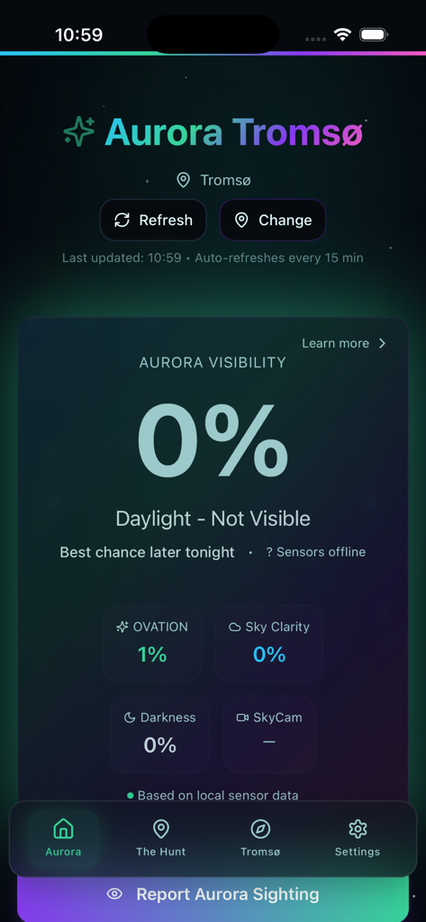 Haupt-Dashboard der Aurora Tromso App mit einem Sichtbarkeitswert von null Prozent aufgrund von Tageslicht in Norwegen