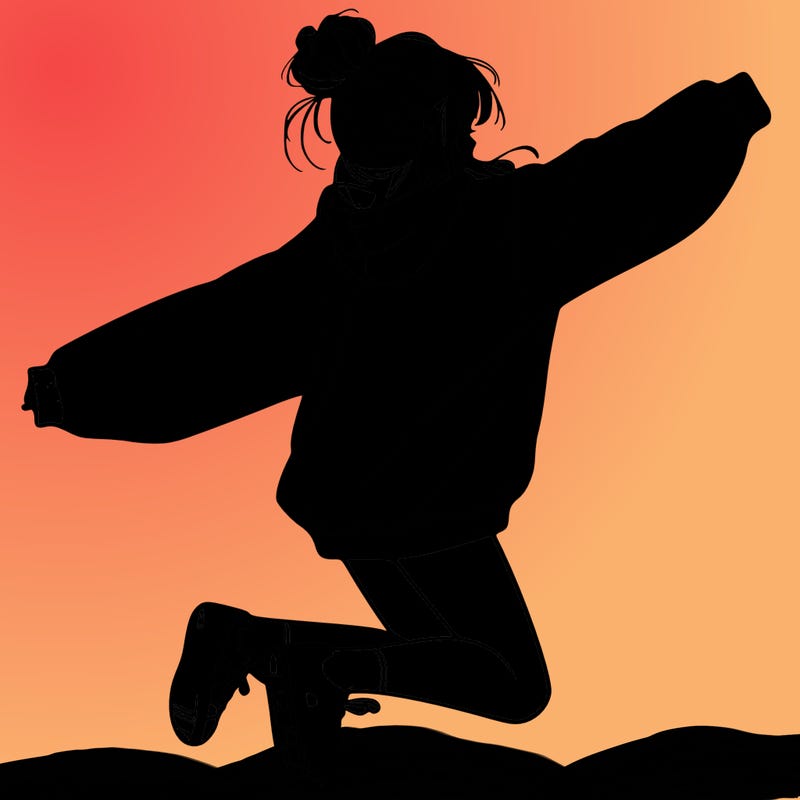 realistic girl jumping with a bun and oversized sweatshirt