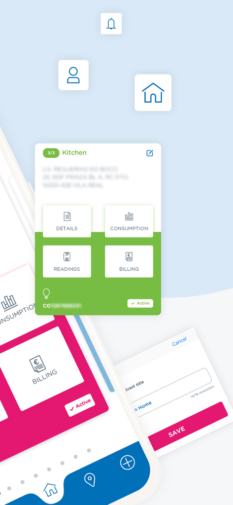 Goldenergy - Screenshot der Goldenergy App, die Funktionen zur Verwaltung von Haushaltsstromversorgungen anzeigt, einschließlich Verbrauchsabrechnung und Zählerständen