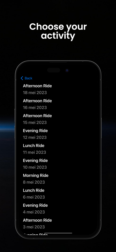 Strava to GPX - Interface of the Strava to GPX app showing a list of past fitness activities to select for conversion