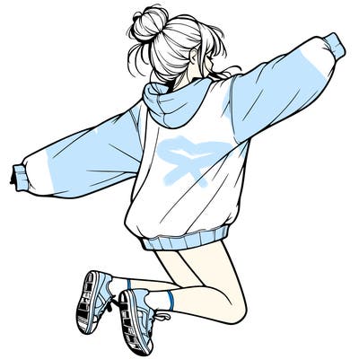 realistic girl jumping with a bun and oversized sweatshirt