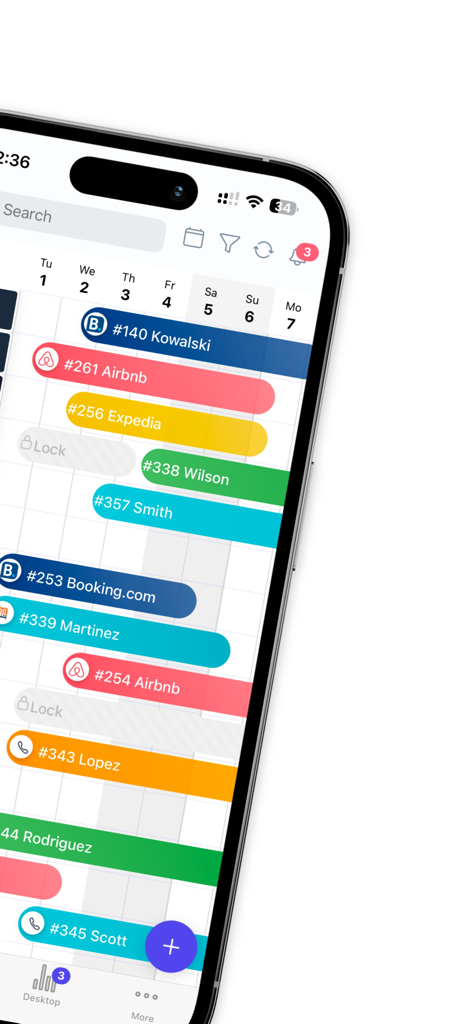 Interface du calendrier mobile affichant les réservations codées par couleur pour les locations à court terme