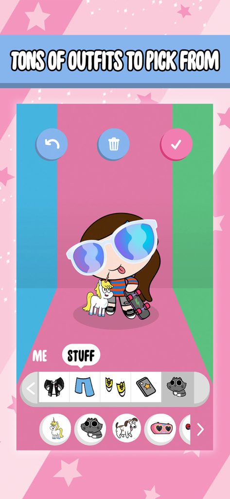 Schermata di personalizzazione del personaggio in Powerpuff Yourself che mostra un avatar chibi con occhiali da sole blu e varie opzioni di abbigliamento.