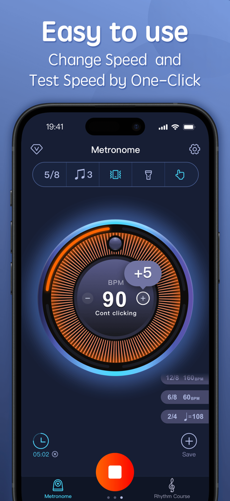 Metronome-Tempo,Beat,BPM - Mobile app interface of a digital metronome with a large 90 BPM tempo dial and practice tools