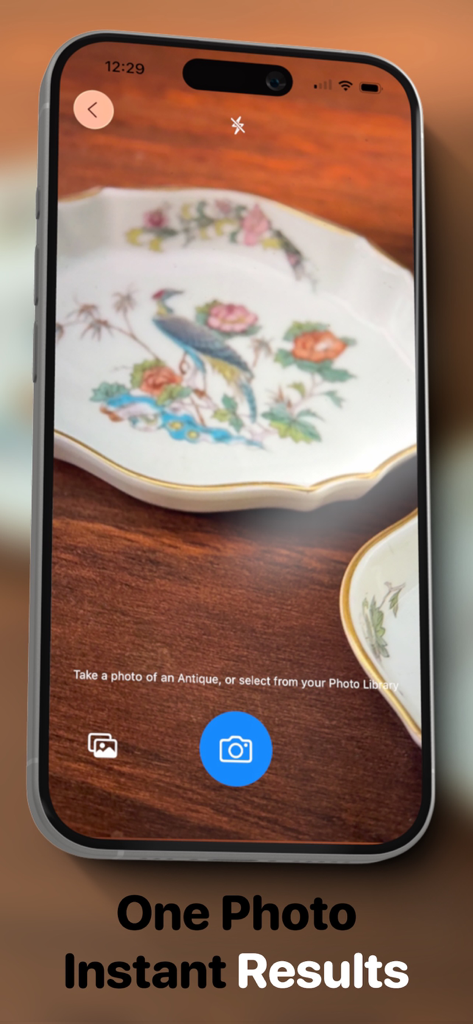 Interfaz de smartphone de la aplicación Antique ID escaneando un plato de porcelana para identificación.