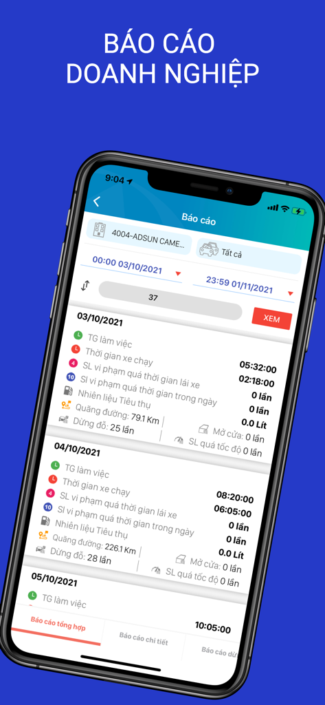 ADSUN - Interfaz de informe comercial de la aplicación ADSUN que muestra registros de actividad diarios de la flota y estadísticas de rastreo de vehículos en un iPhone.