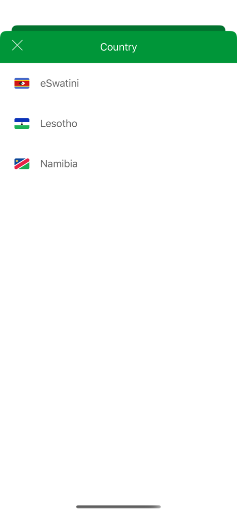 Nedbank Money (Africa) - Country selection screen in the Nedbank Money Africa app showing eSwatini, Lesotho, and Namibia options with their respective flags.