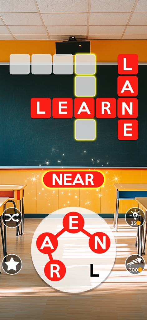 Wordscapes gameplay showing a crossword puzzle with the words LEARN and LANE over a classroom background