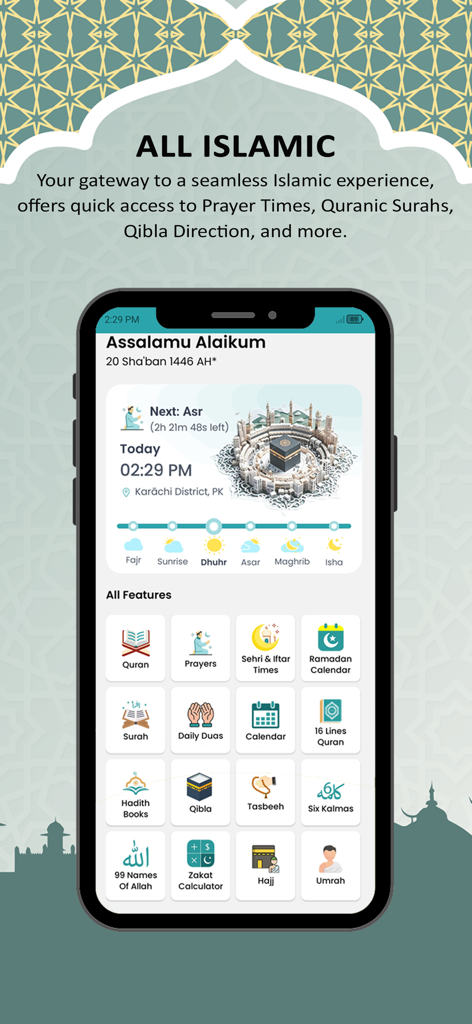 Islamuna: Prayer, Ramadan, Dua - Islamuna app dashboard showing prayer times Quran Qibla finder and Islamic lifestyle features