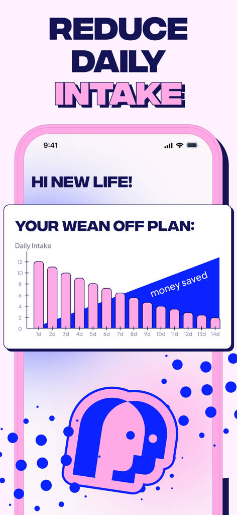 Weanie - Quit Smoking Tracker - A bar chart showing a 14-day plan to reduce daily smoking intake while increasing money saved on the Weanie app