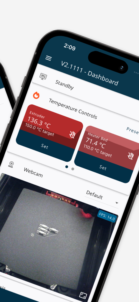 Mobileraker - Klipper UI - Interface do aplicativo móvel para monitoramento de impressoras 3D Klipper mostrando controles de temperatura e feed de webcam ao vivo