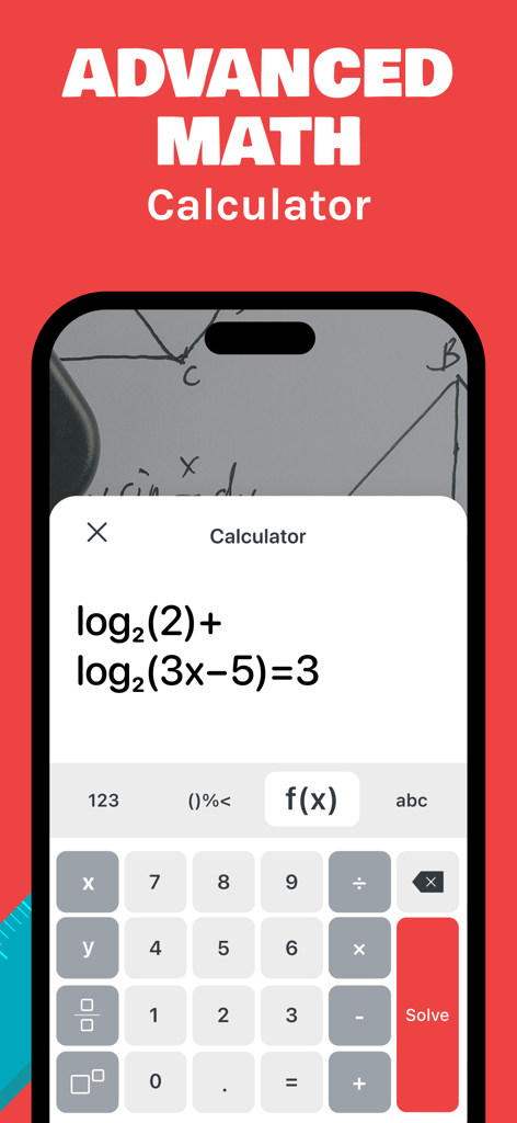 Screenshot of the Farabi Math AI app showing an advanced calculator interface solving a logarithmic equation.