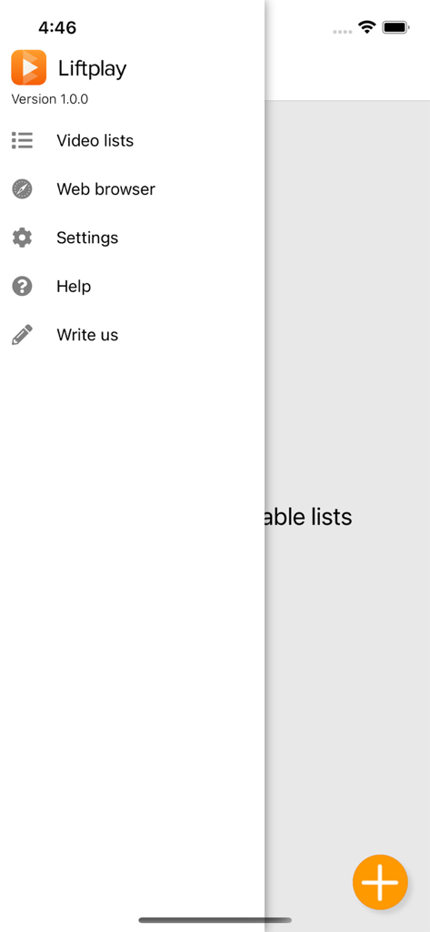 The sidebar navigation menu of the Liftplay video player app showing options for video lists and web browser.