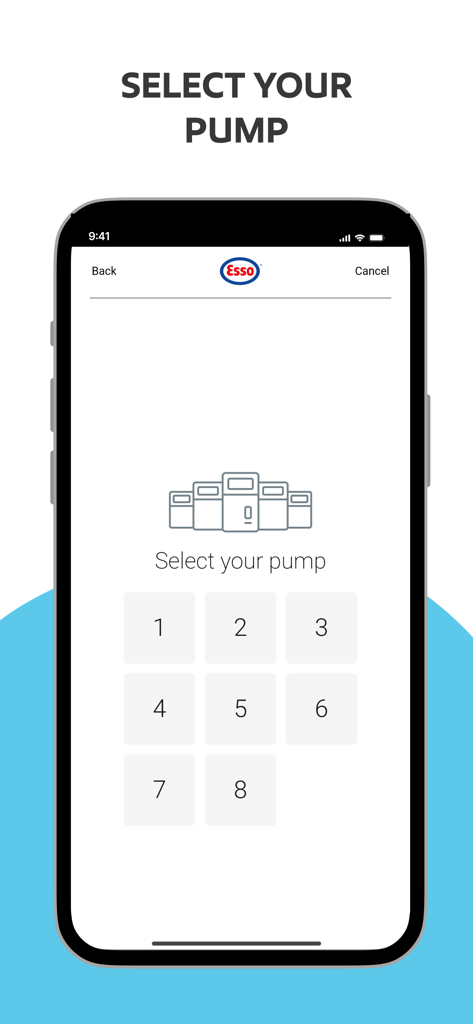 Interface do aplicativo móvel Esso PRO para selecionar o número da bomba de combustível
