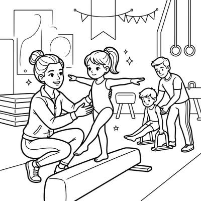 Get ready for a lively gymnastics session! This delightful coloring page showcases dedicated coaches helping young athletes master their moves on the balance beam and parallel bars.