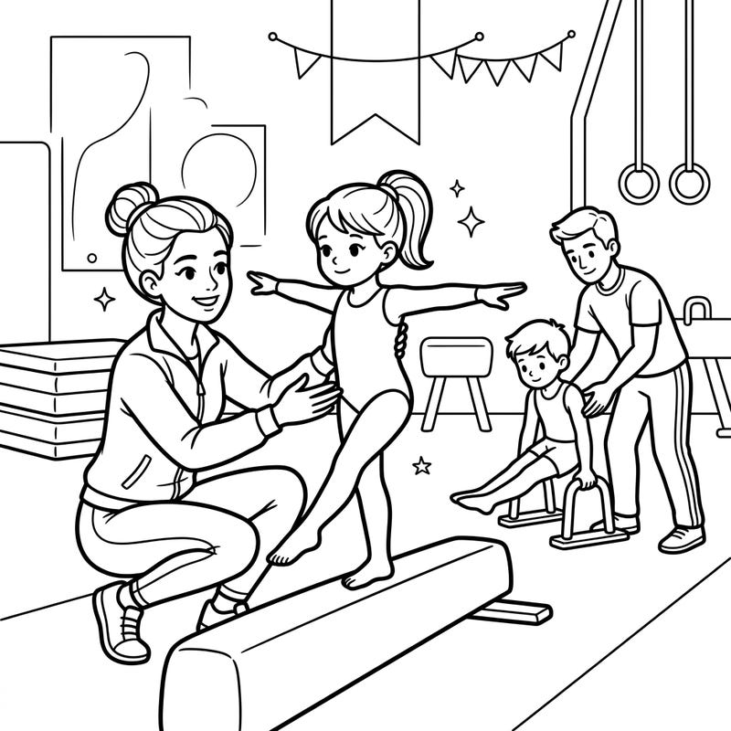 Get ready for a lively gymnastics session! This delightful coloring page showcases dedicated coaches helping young athletes master their moves on the balance beam and parallel bars.